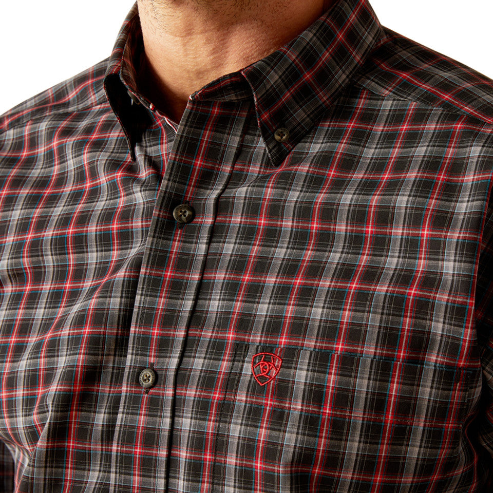 A black-and-red plaid collared shirt with buttons