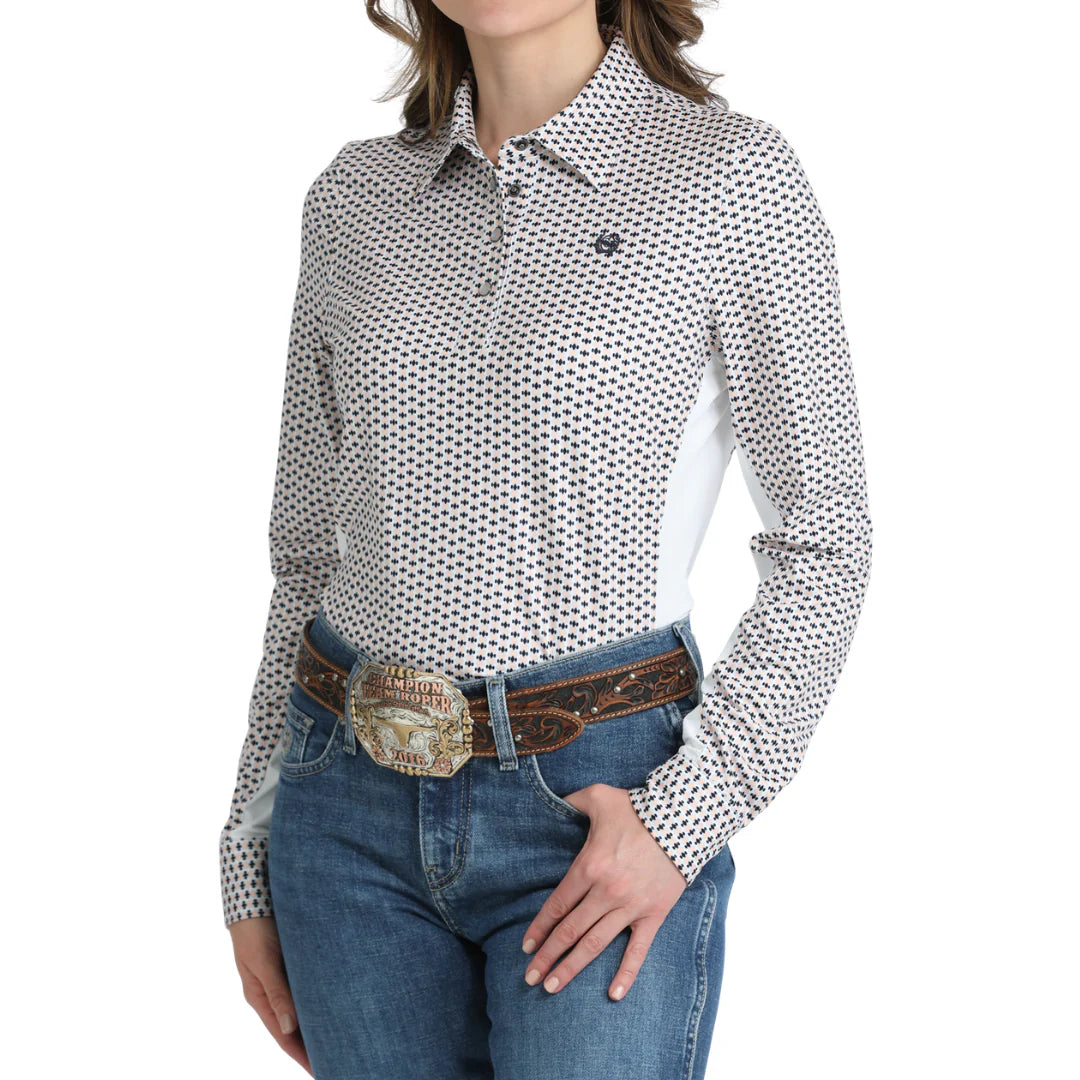 Women's Cinch White Geometric Print Hybrid Snap Shirt