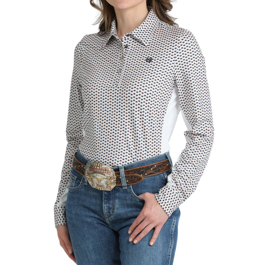 Women's Cinch White Geometric Print Hybrid Snap Shirt