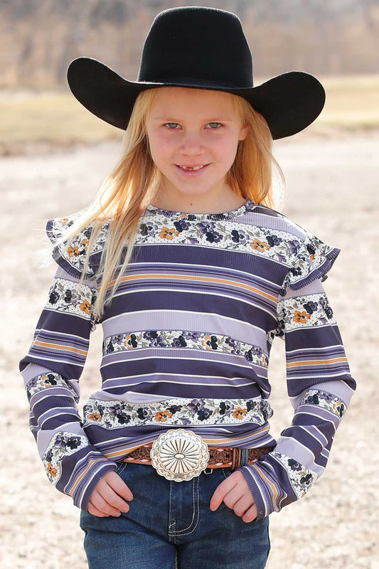 Girl's Cruel Girl Ruffle Shoulder Flower Stripe Blouse