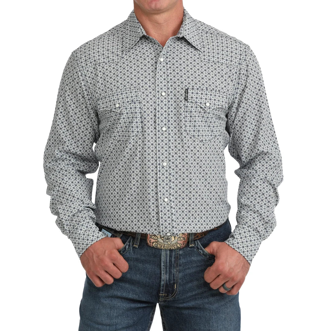 Men's Cinch Geometric ArenaFlex Snap Shirt - White and Navy