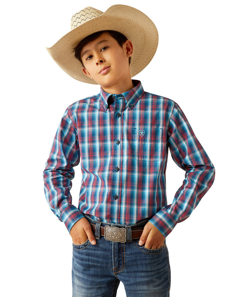 Boy's Ariat Pro Series Long Sleeve Plaid Button Down Shirt - Red/Blue