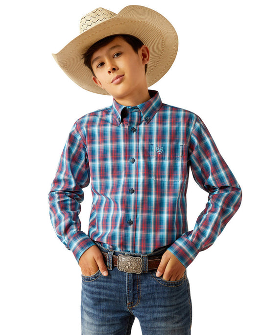 Boy's Ariat Pro Series Long Sleeve Plaid Button Down Shirt - Red/Blue