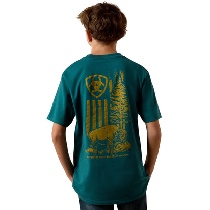 Boy's Ariat Mediterranean Blue Bison Wander Flag T-Shirt