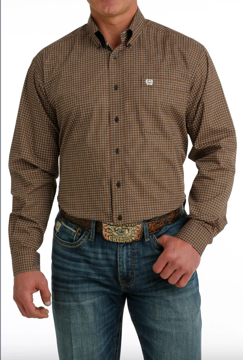Men's Cinch Brown Geometric Print Button Down Long Sleeve Shirt