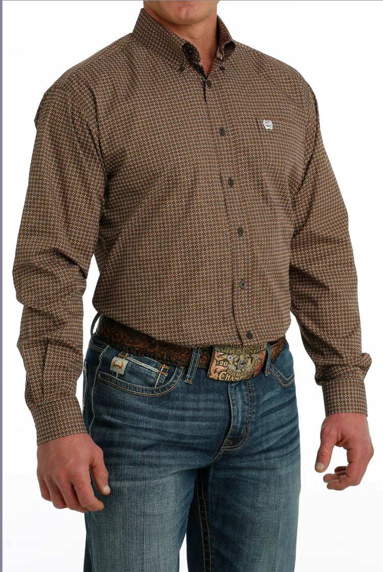 Men's Cinch Brown Geometric Print Button Down Long Sleeve Shirt
