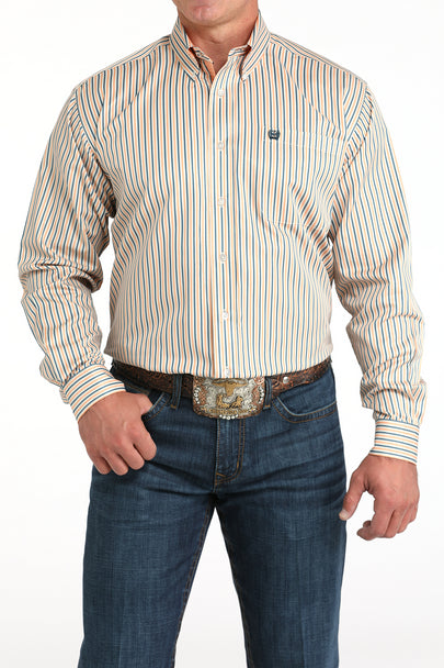 Men's Cinch Tencel Striped Long Sleeve Shirt Cream (Copy)