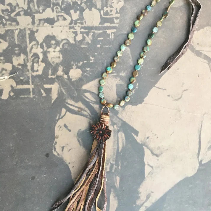 The Rodeo Rose Mabel Necklace in Blue Or Green Turquoise with Hand Tooled Pendant