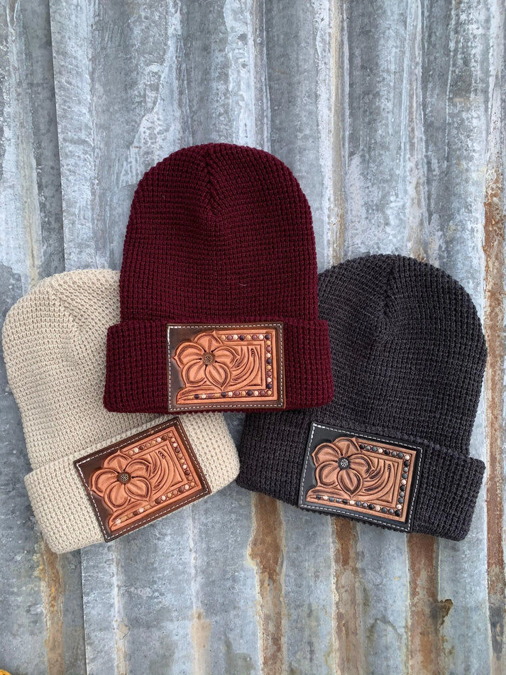 The Rodeo Rose Pansy Handtooled Leather Patch Beanie, Fitted in Beaded Border