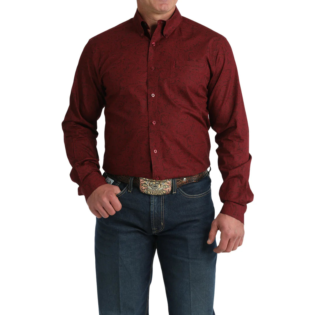 Men's Cinch Long Sleeve Button Down Burgundy Shirt