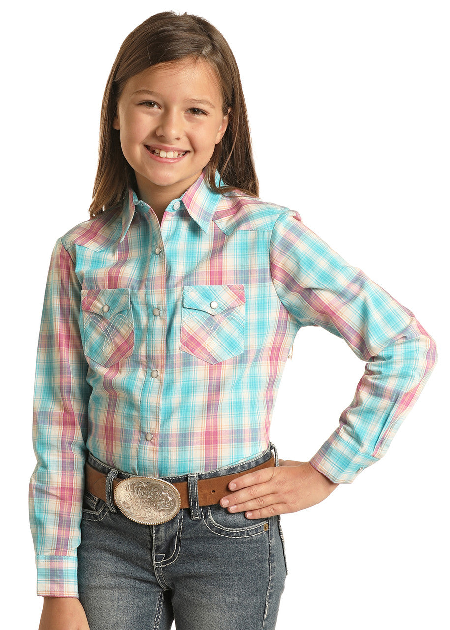 Girl's Panhandle Turquoise Pink Plaid Snap Western Shirt