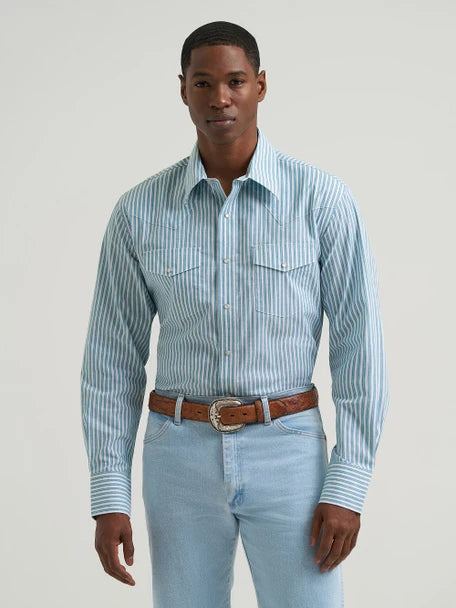 Men's Wrangler Wrinkle Resist Western Snap Shirt - Blue Striped