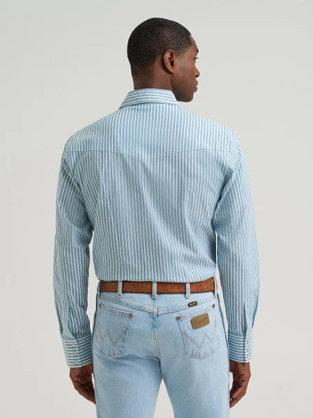 Men's Wrangler Wrinkle Resist Western Snap Shirt - Blue Striped
