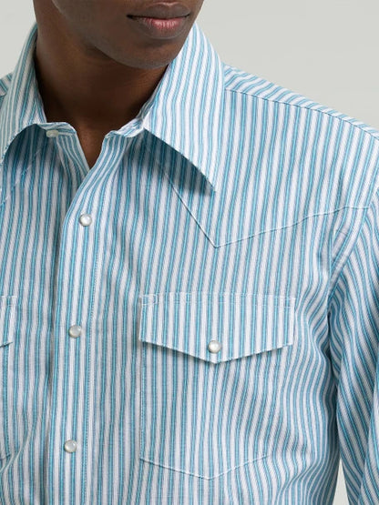 Men's Wrangler Wrinkle Resist Western Snap Shirt - Blue Striped
