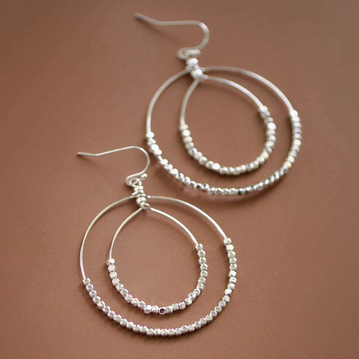 Silver Beaded Double Circle Drop Earrings