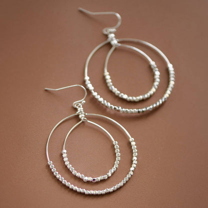 Silver Beaded Double Circle Drop Earrings