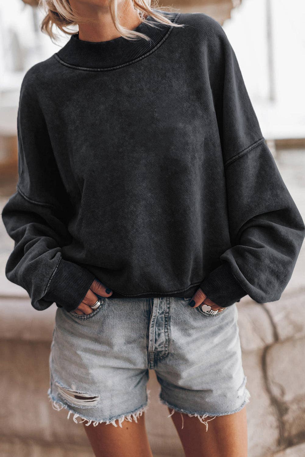 Women's Acid Washed Crewneck Sweatshirt - Black