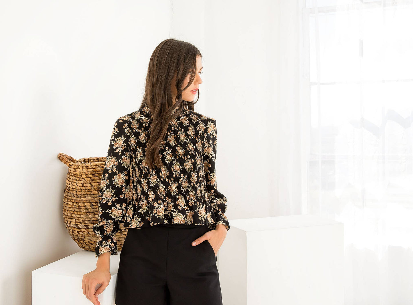 Women's Black Smocked Floral Print Long Sleeve Top