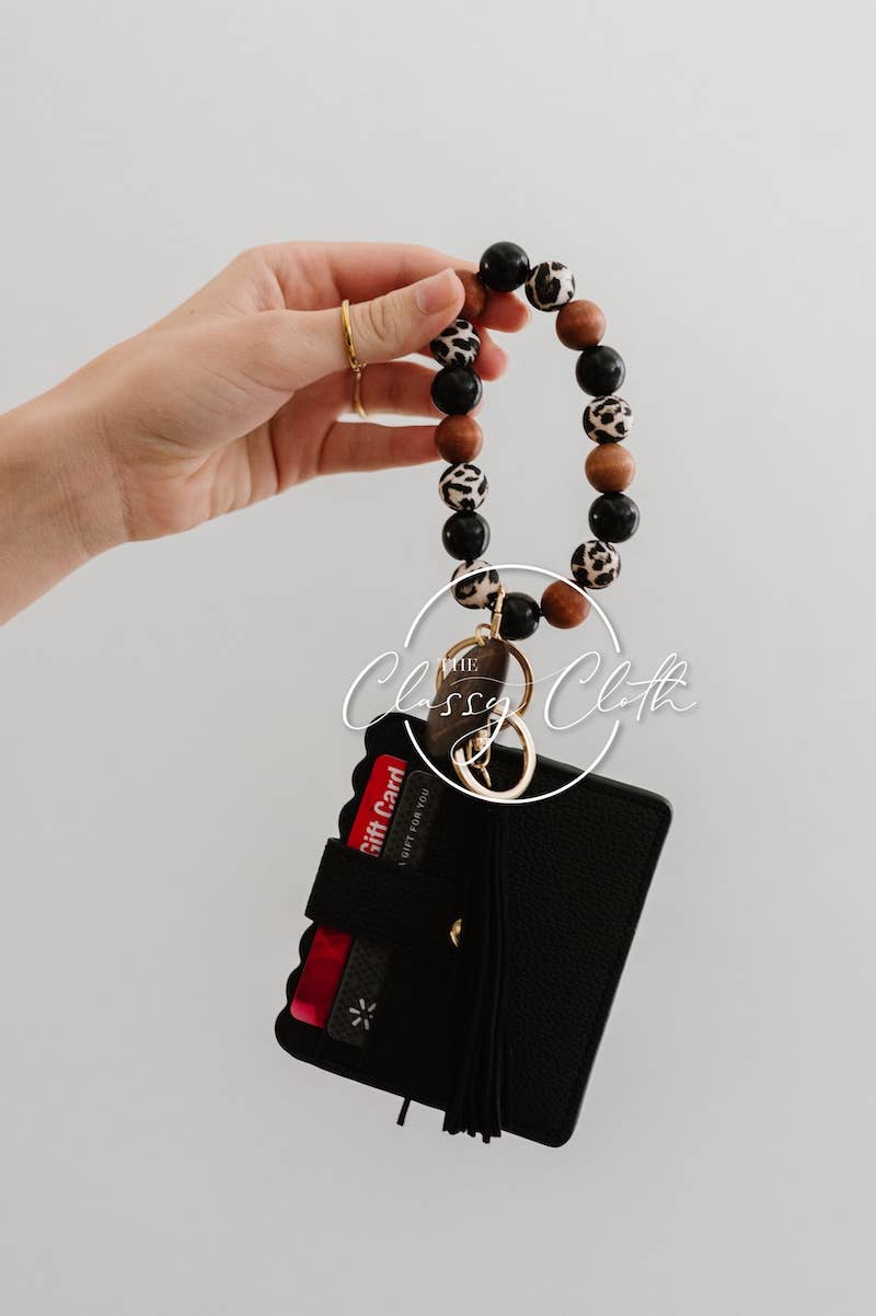 Leopard 'MAMA' Wristlet Wallet Keychain - Black