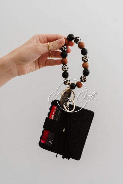 Leopard 'MAMA' Wristlet Wallet Keychain - Black