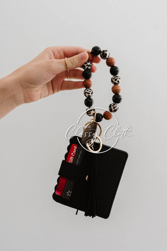 Leopard 'MAMA' Wristlet Wallet Keychain - Black