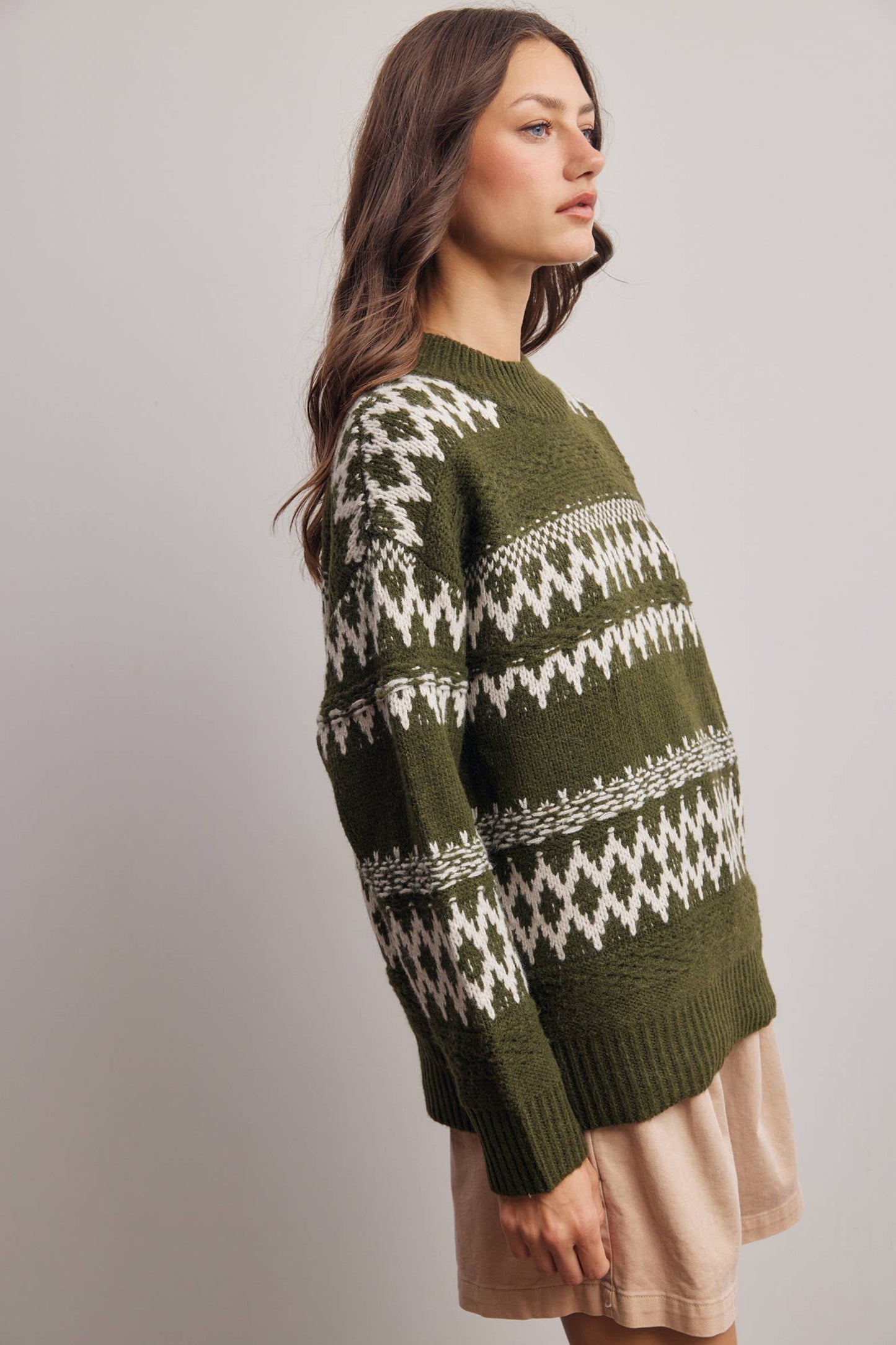 Women's Fair Isle Pattern Knit Sweater - Olive