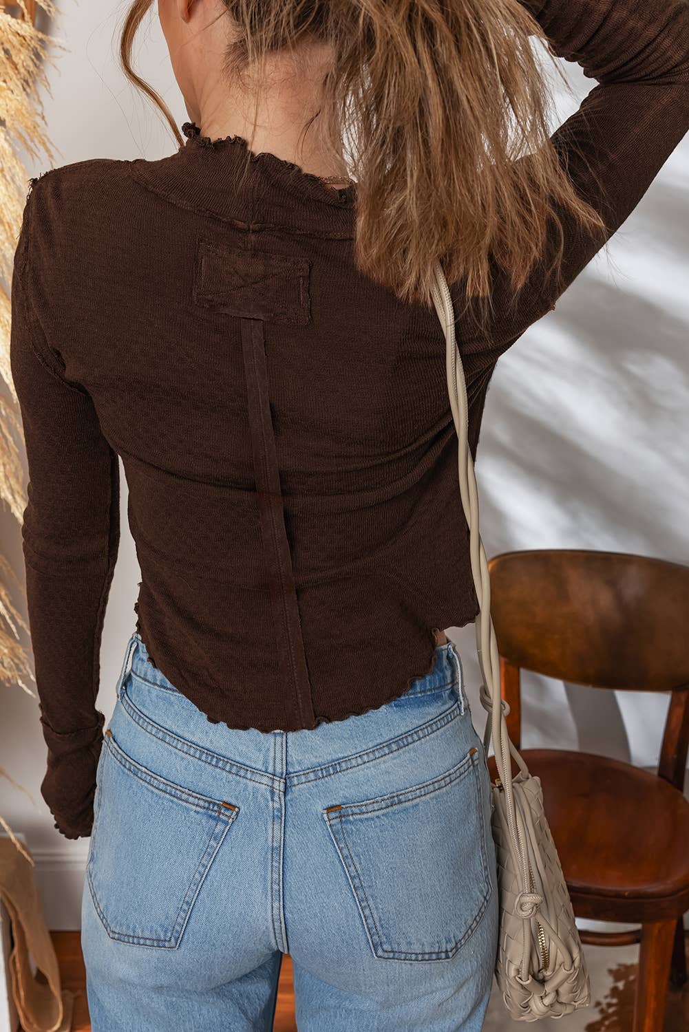 Women's Lettuce Trim Jacquard Top - Cinnamon