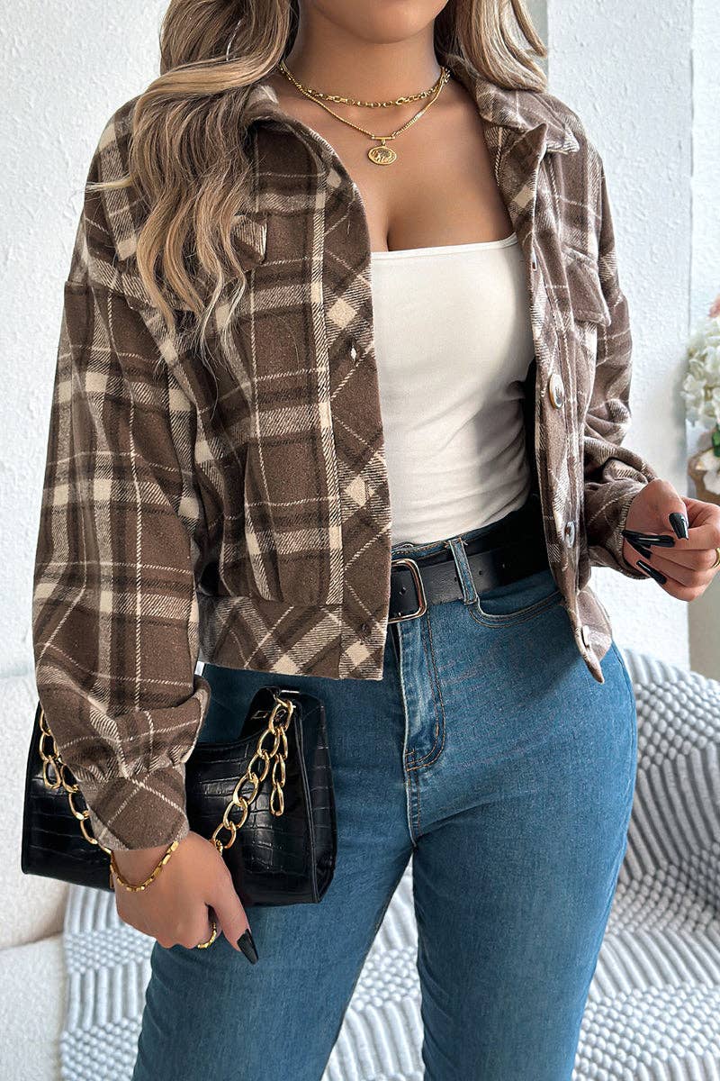 Women's Plaid Button-Up Cropped Jacket - Coffee Brown