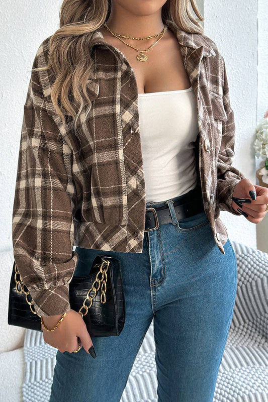 Women's Plaid Button-Up Cropped Jacket - Coffee Brown