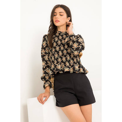 Women's Black Smocked Floral Print Long Sleeve Top
