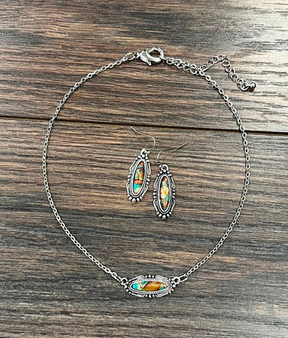 Western Oval Gemstone Necklace Earrings Set