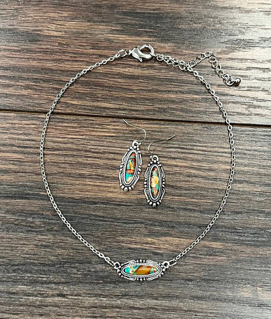 Western Oval Gemstone Necklace Earrings Set