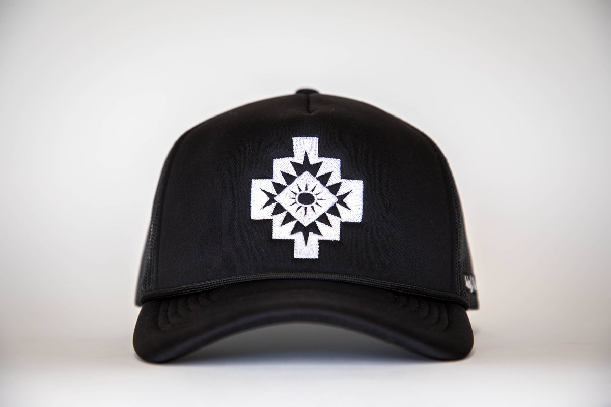 Black Trucker Cap with White Embroidered Aztec Symbol