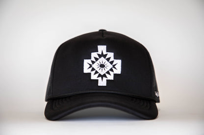 Black Trucker Cap with White Embroidered Aztec Symbol