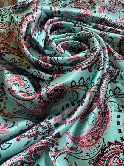 100% Silk Wild Rag Classic Paisley in Turquoise by Double B Wild Rags