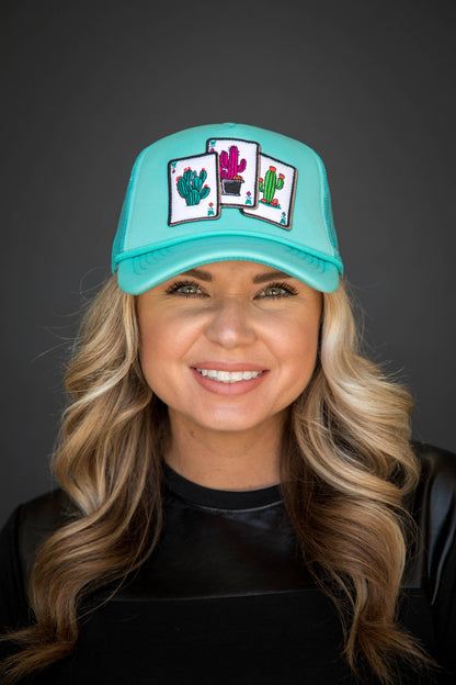 Turquoise Trucker Cap with Cactus Cards Patch
