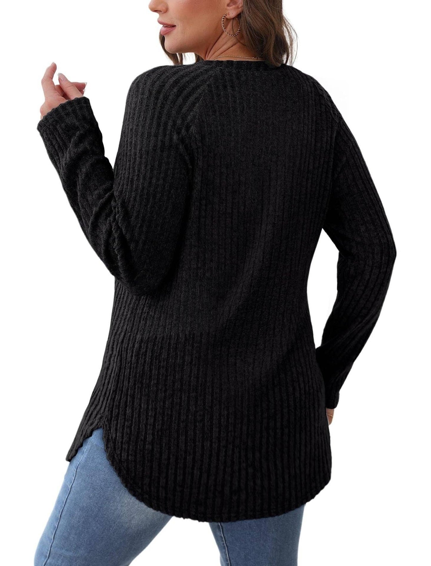 Women's Ribbed Knit Pullover Sweater - Black