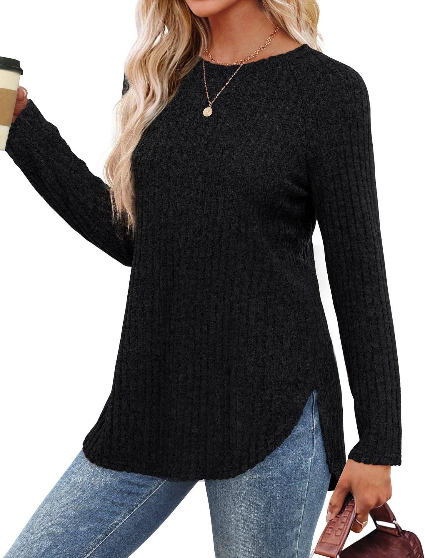 Women's Ribbed Knit Pullover Sweater - Black
