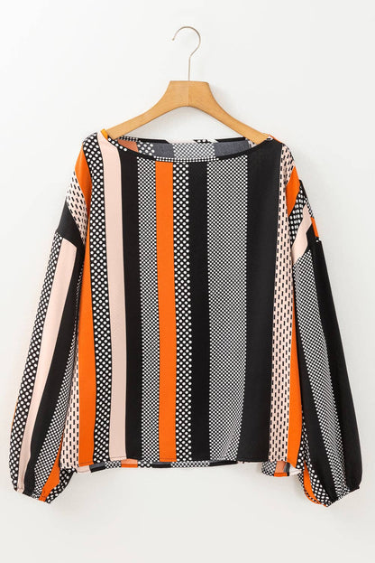 Women's Orange Polka Dot Vertical Striped Printed Puff Sleeve Blouse