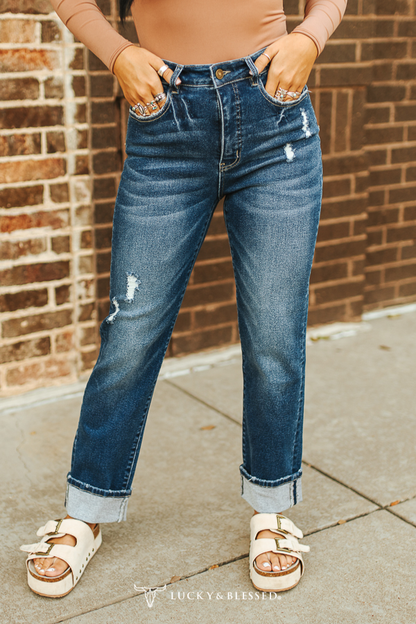 Women's Dark Wash Tummy Control Boyfriend Jeans