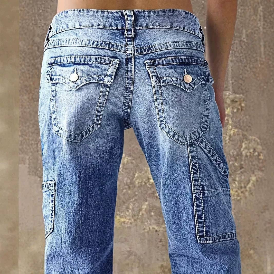 Women's High Waisted Wide Leg Cargo Jeans - Vintage Wash