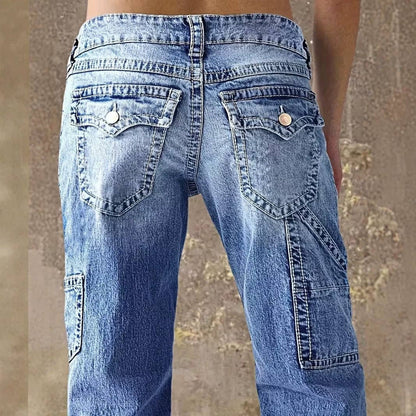 Women's High Waisted Wide Leg Cargo Jeans - Vintage Wash