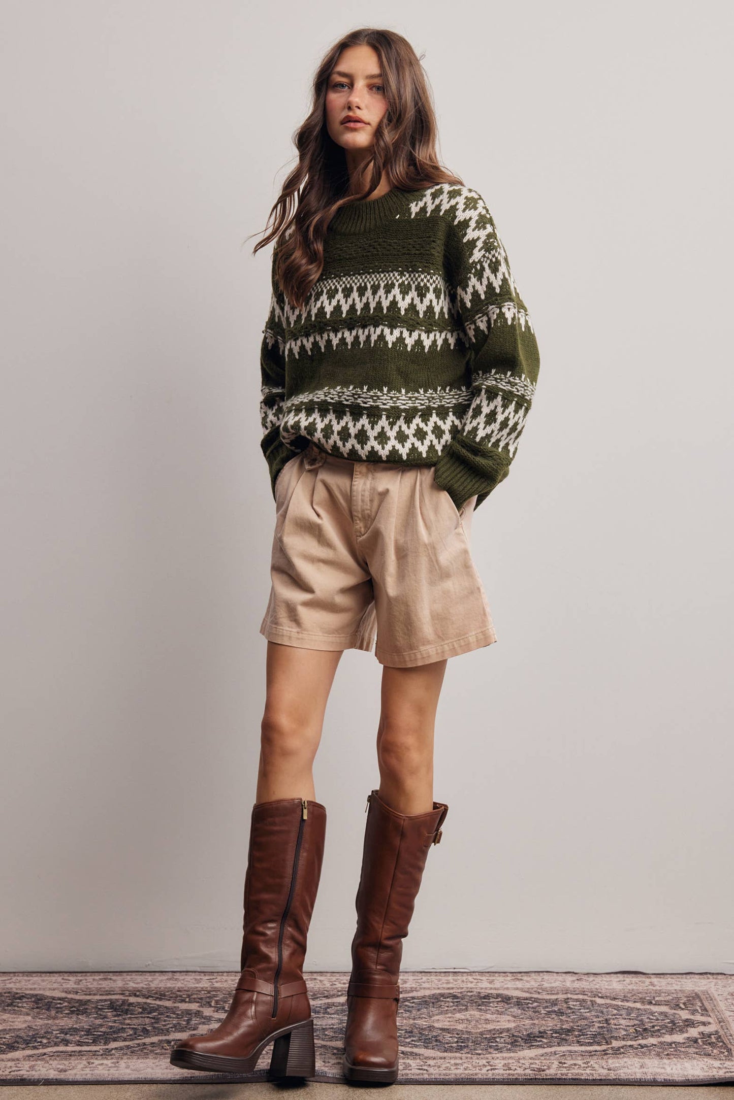 Women's Fair Isle Pattern Knit Sweater - Olive