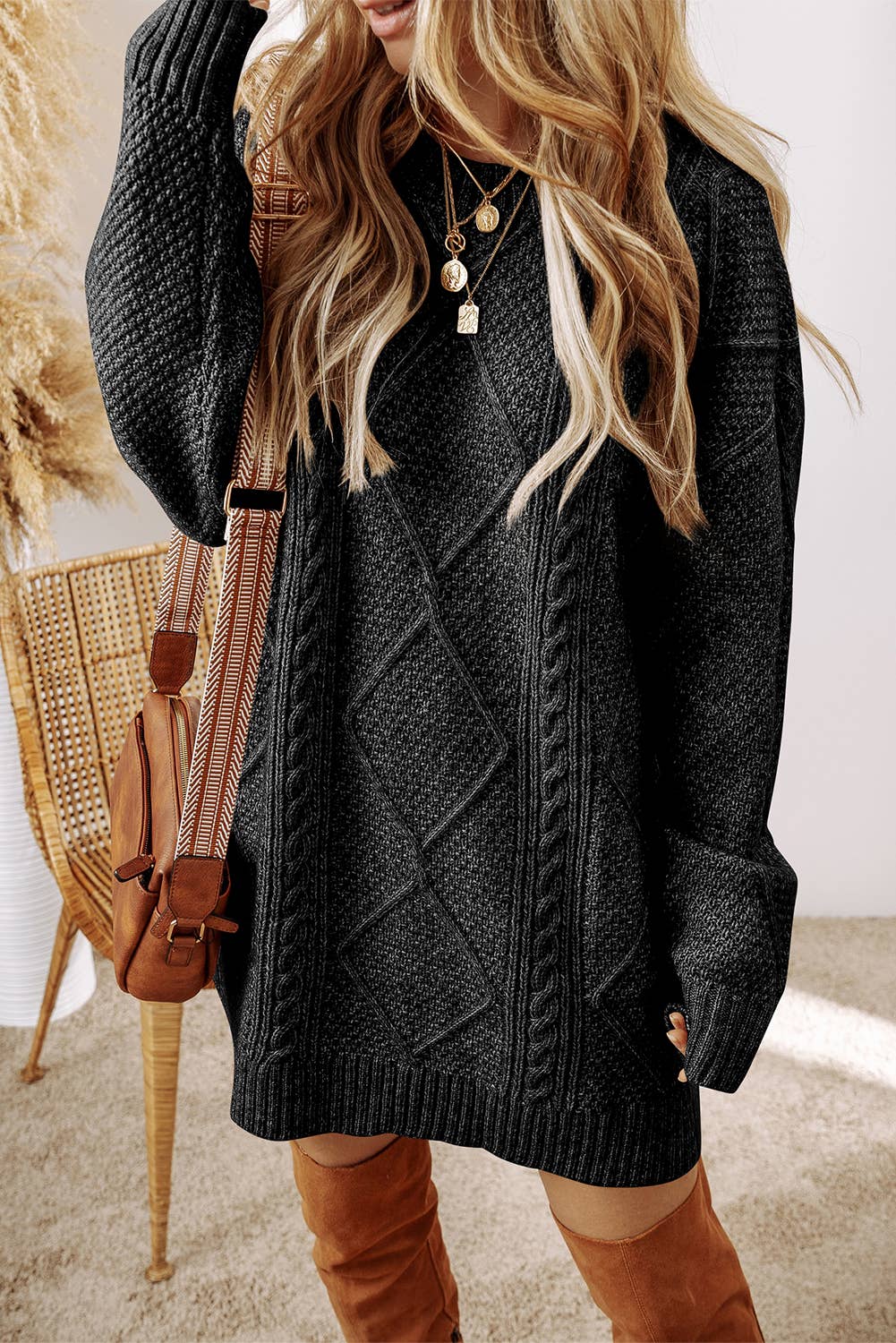 Women's Cable Knit Sweater Dress - Black