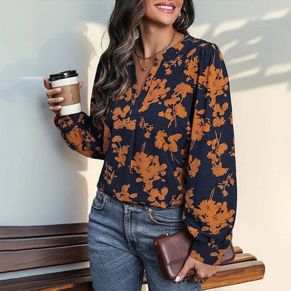 Women's Navy Floral V-Neck Blouse