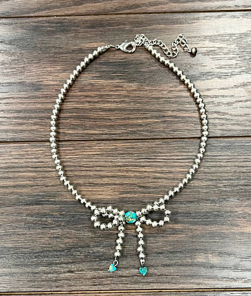 Western Silver-tone Bead, Bow Necklace