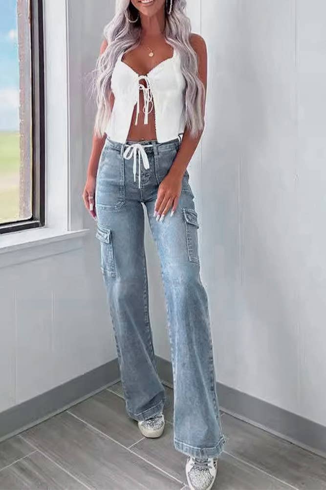 Women's Blue Pockets Straight Denim Jeans