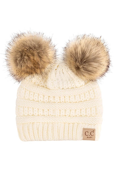 C.C. Solid Ribbed Infant Natural Fur Double Pom Pom Beanie