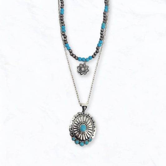 Western Turquoise Beaded Layered Necklace Set