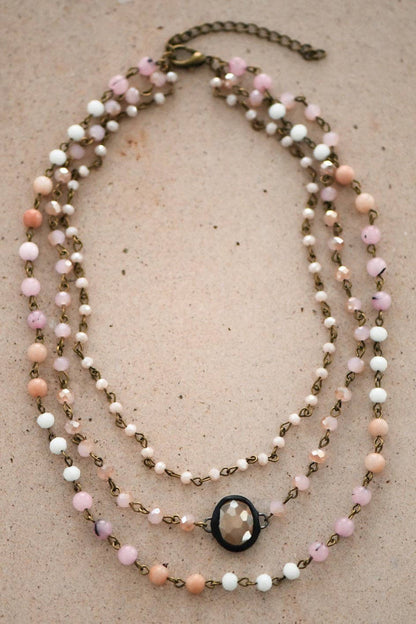 Triple Layered Mixed Glass Bead and Stone Necklace